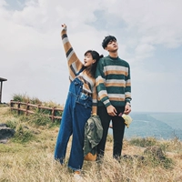 2018 Hàn Quốc Dongdaemun các cặp vợ chồng sọc Harajuku bf nam giới và phụ nữ retro pha trộn áo len áo len cổ áo len áo hoodie cặp