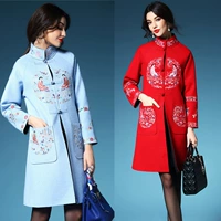 Thời trang lớn 2016 thu đông của phụ nữ mới Trung Quốc phong cách thêu đĩa retro khóa cổ áo đứng cổ áo len dài nữ - Trung bình và dài Coat áo khoác gió