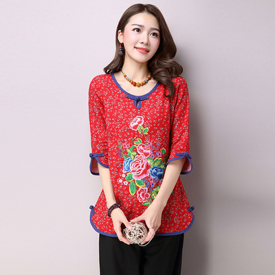 061#春夏新款民族风女装棉麻碎花中长款t恤中式复古刺绣上衣
