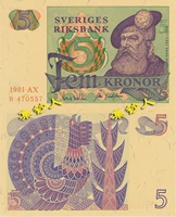 Thụy Điển 5 krona tiền giấy 1981 vua cũ và con gà trống trừu tượng ồn ào ngoại tệ tiền xu tien xu co