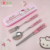 Muỗng inox 304 đũa đũa dễ thương hazy Kitty trẻ em bộ đồ ăn ra khỏi bộ hộp cầm tay - Đồ ăn tối dĩa nhựa