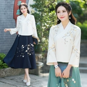 Mùa xuân và hè 2019 gió mới quốc gia của phụ nữ cotton và vải lanh Hanfu cổ áo dài tay áo lanh thêu ba chiều - Áo sơ mi
