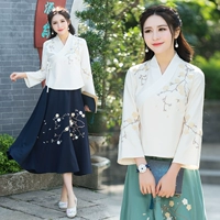 Mùa xuân và hè 2019 gió mới quốc gia của phụ nữ cotton và vải lanh Hanfu cổ áo dài tay áo lanh thêu ba chiều - Áo sơ mi sơ mi voan