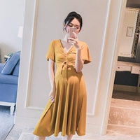 Thai sản mặc 2018 mùa hè phong cách mới neckline V-Cổ eo đàn hồi phụ nữ mỏng mang thai dài ăn mặc triều thời trang bà bầu mùa hè