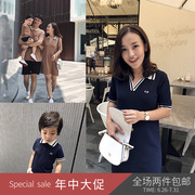 Lin Lin gia đình cha mẹ và con mùa hè ăn mặc 2018 gia đình mới ba gia đình đầy đủ băng lụa cotton knit polo áo T-Shirt váy