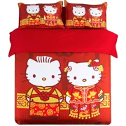 Hello Kitty bốn mảnh khăn trải giường đôi hoạt hình kỷ niệm dễ thương bông đỏ giường mới cưới - Bộ đồ giường bốn mảnh