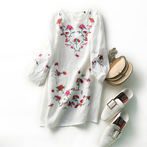 Belle Vườn 15664 Little White Dress Hoa & Bird Thêu Cắt tay áo ramie dress Thêu váy váy lolita