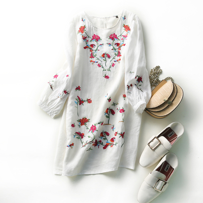 Belle Vườn 15664 Little White Dress Hoa & Bird Thêu Cắt tay áo ramie dress Thêu váy