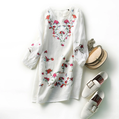Belle Vườn 15664 Little White Dress Hoa & Bird Thêu Cắt tay áo ramie dress Thêu váy váy lolita váy đầm