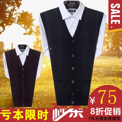 Mùa xuân và mùa thu dệt kim đan vest nam trung niên của nam giới v-cổ cardigan mỏng cashmere vest ông nội vest vest áo len khoác mỏng Dệt kim Vest
