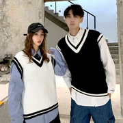 Đầu mùa thu đôi V-cổ đan áo vest nam và nữ Phiên bản Hàn Quốc của áo len gió đại học Phiên bản Hàn Quốc của áo khoác không tay áo len - Dệt kim Vest