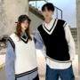 Đầu mùa thu đôi V-cổ đan áo vest nam và nữ Phiên bản Hàn Quốc của áo len gió đại học Phiên bản Hàn Quốc của áo khoác không tay áo len - Dệt kim Vest áo len nam trung niên