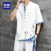 đồ bộ thể thao nam Romon mùa hè băng lụa ngắn tay phù hợp với 2023 phong cách Trung Quốc mới Tang phù hợp với Hanfu thể thao giản dị nam T hợp thời trang bộ đồ ngủ