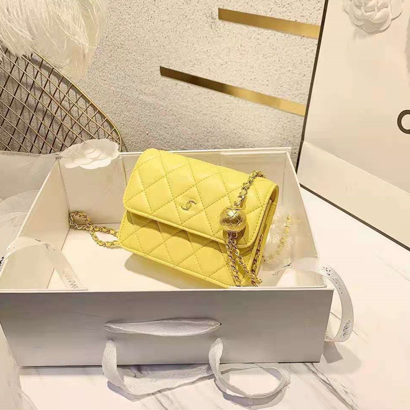 Golden Ball Chicken YellowMini Fortune bag Rhombic grid chain Golden ball package Color diamond One shoulder Inclined shoulder bag Small bag small change Mobile phone bag Internet celebrity Female bag