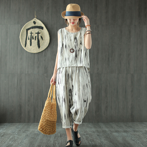 Tai nhỏ sản xuất linen vòng cổ áo thun văn học hoang dã hoang dã bất thường đàn hồi eo chín điểm áo quần phù hợp với nữ