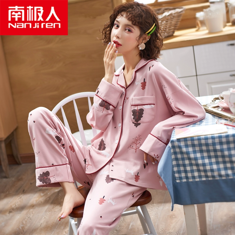 Bộ đồ ngủ nữ ở Nam Cực mùa xuân và mùa thu cotton dài tay hai mảnh phù hợp với áo len phiên bản Hàn Quốc của thiếu nữ phục vụ tại nhà mùa hè - Bộ Pajama