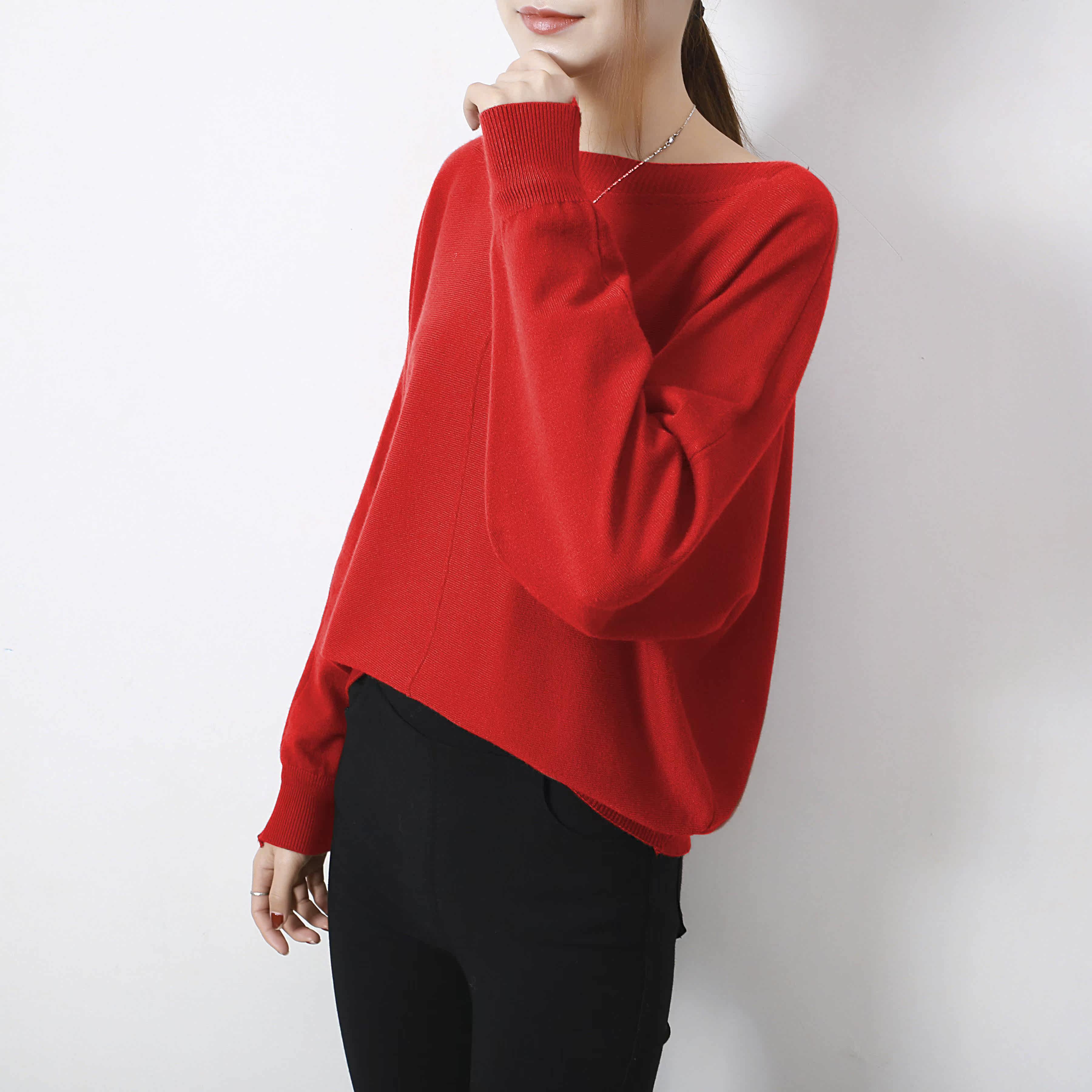 实拍秋冬加厚毛衣女长袖蝙蝠袖一字领针织衫宽松打底衫蝙蝠衫女装