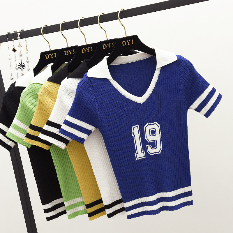 Lichao ngắn đan áo len nữ mùa hè 2018 new letter tương phản màu sọc Mỏng ngắn tay v-cổ T-Shirt top