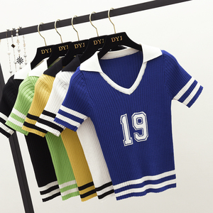 Lichao ngắn đan áo len nữ mùa hè 2018 new letter tương phản màu sọc Mỏng ngắn tay v-cổ T-Shirt top