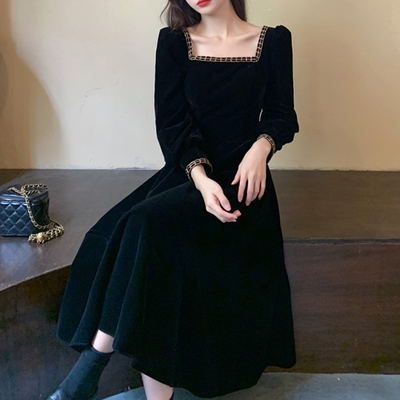 taobao agent Velvet demi-season long skirt, black dress, square neckline