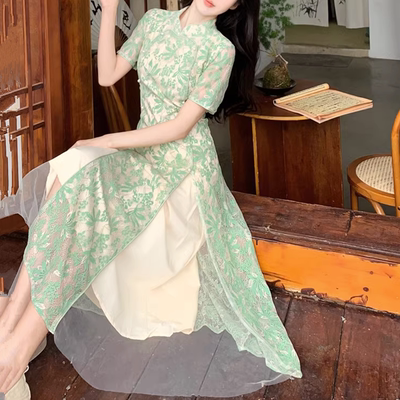 taobao agent Elite lace summer cheongsam, retro elegant dress, bright catchy style, plus size, Chinese style