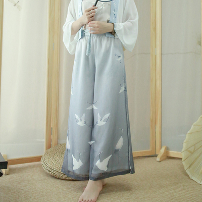 灵鹤清水溪原创设计改良汉服宋裤女夏季复古阔腿裤飘逸休闲裤