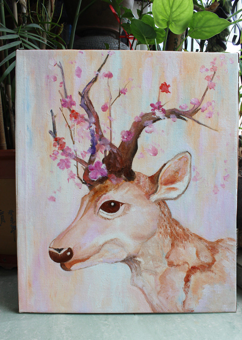 原创油画作品收藏 纯手绘亚麻布无框画梅花鹿 装饰画现代抽象简约 柳