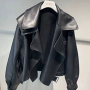 SLN Jiang Shuying với đoạn 2019 mới bằng da mùa xuân bằng da nữ áo khoác ngắn cổ chữ V áo khoác da xe máy - Quần áo da