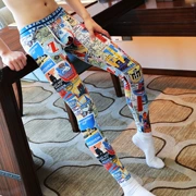 Quần dài nam Qiuku Quần cotton mỏng Quần ấm thời trang Hàn Quốc Doodle In Eo thấp Sexy Quần legging nam