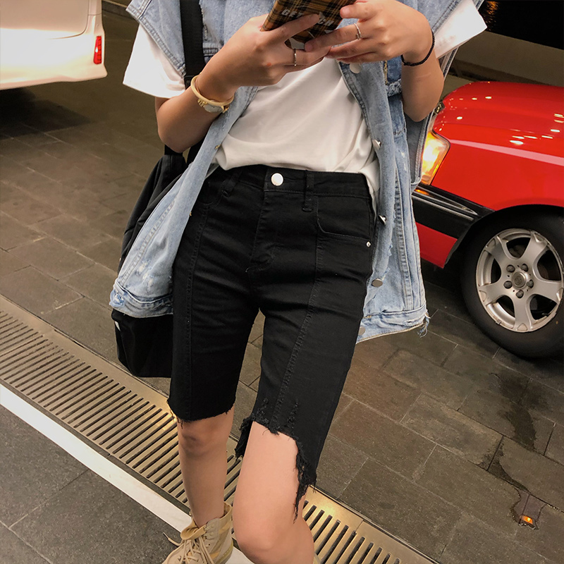 Blackblack Denim shorts female Capris Straight tube Hong Kong flavor Tight fitting High waist Show thin elastic force Rough edge Middle pants tide ins