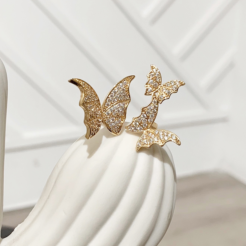 Goldenins Same Chaoxian three-dimensional Three butterfly Ring female Japanese  Light luxury Flash drill Micro inlay zircon Open mouth food ring