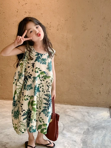 Пляжное платье, детская летняя длинная юбка, детская одежда, 2023, в корейском стиле, в цветочек