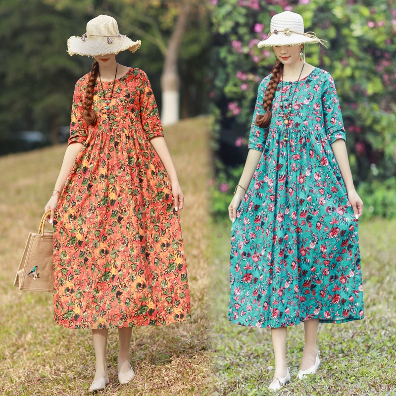 Mùa hè năm 2020 phong cách dân tộc mới của phụ nữ váy dài giữa cổ điển cotton và vải lanh Trung Quốc nút đĩa lỏng lẻo - Váy dài