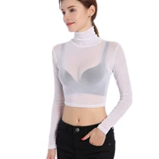 Của phụ nữ quan điểm mùa thu căng lưới gạc đáy áo trong suốt nửa trắng cao cổ áo T-Shirt ren dài tay áo phần mỏng