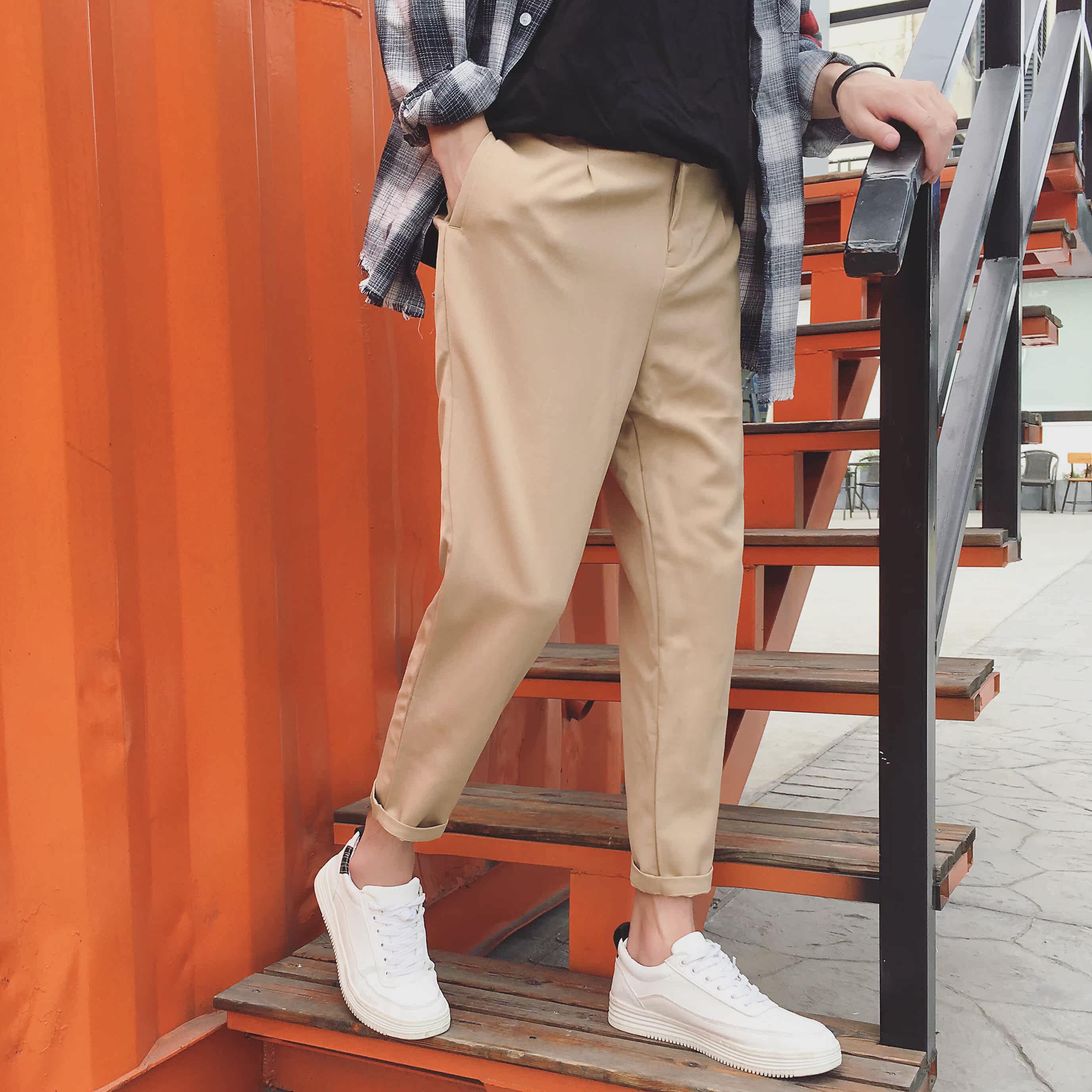 港仔新款 男士卡其裤 休闲小萝卜裤男 九分休闲裤17004/p65