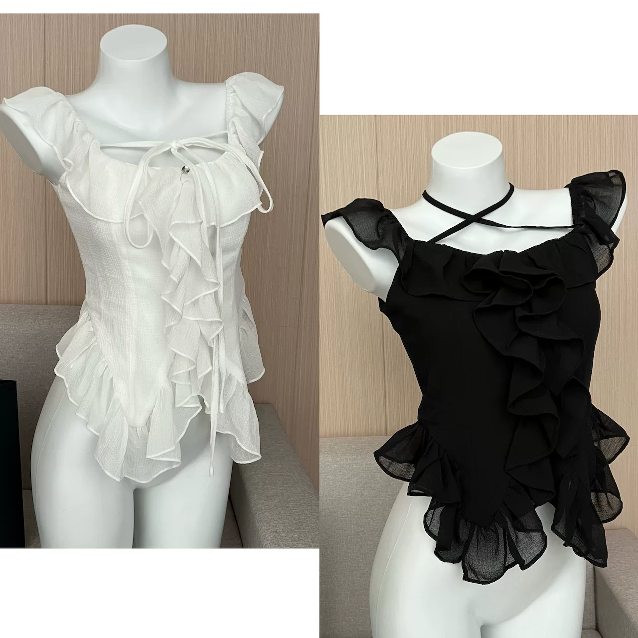 Lin Xiaxia white ruffled chiffon shirt women's hanging neck tie off shoulder shirt foreign qi fairy slimming shirt