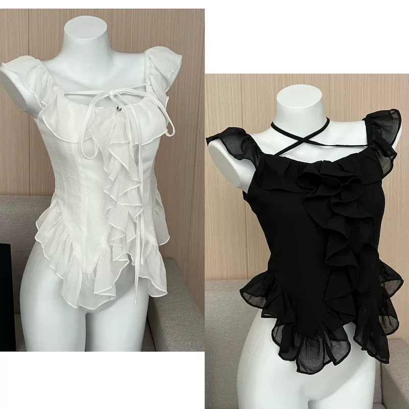 Lin Xiaxia white ruffled chiffon shirt women's hanging neck tie off shoulder shirt foreign qi fairy slimming shirt