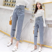 2018 thu đông mới Hàn Quốc giản dị quần jeans lưng cao nữ thời trang cà vạt mỏng lỗ chín quần thủy triều