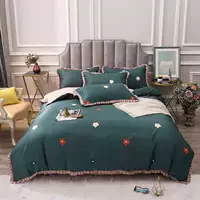 Vải cotton màu đỏ Hàn Quốc phiên bản bốn mảnh thân thiện với da đan bằng vải cotton công chúa 1.51.8 ga trải giường - Bộ đồ giường bốn mảnh gối kèm chăn