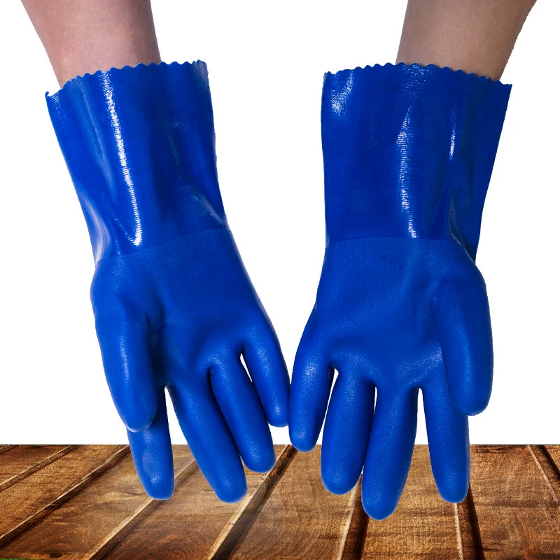 Găng tay bảo hộ lao động chống axit và kiềm toàn bộ màu xanh mờ cao su dày nhúng nhựa màu đỏ chống trơn trượt chống thấm nước công nghiệp chống dầu axit và kiềm găng tay chống nóng 
