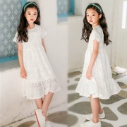 Váy bé gái mùa hè 2019 mới đầm ngoại ngoại gas cho bé gái 12 tuổi Váy dài qua đầu gối 15 bé lớn váy ren trắng - Váy
