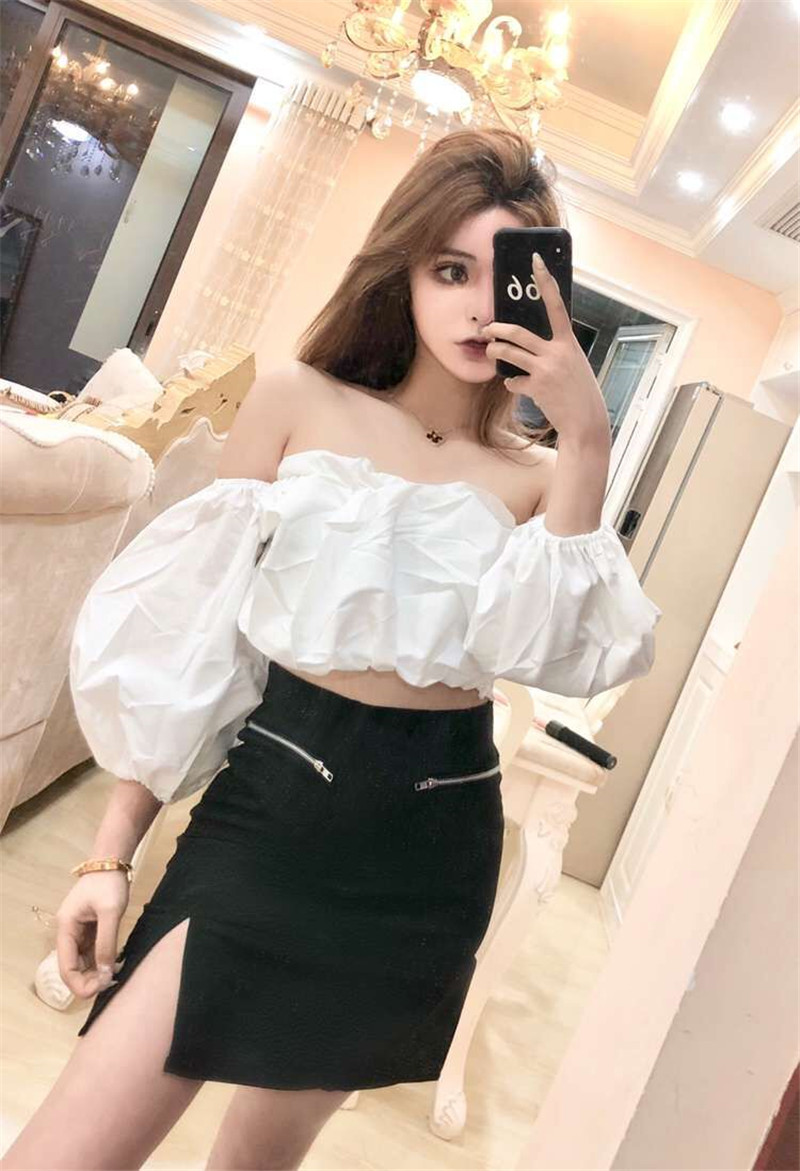 模特实拍2018新款性感短款蓬蓬袖上衣十拉链