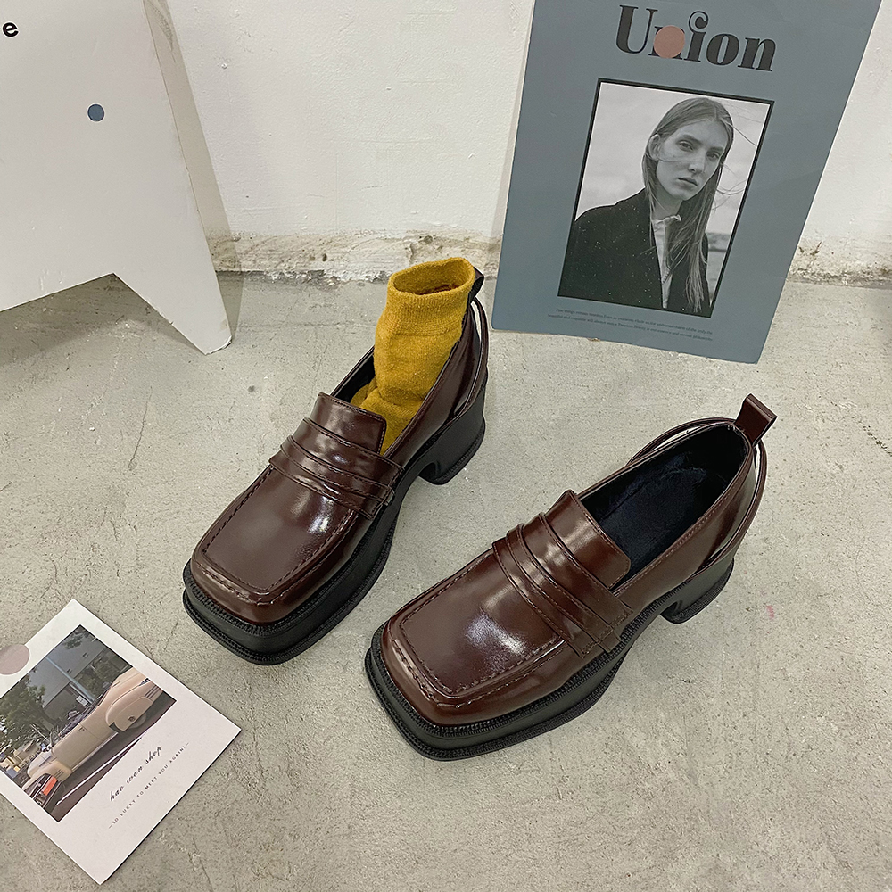 Brown2020 Autumn and winter new pattern Square head Thick bottom Lefu shoes British style Small leather shoes Versatile Retro Shallow mouth jk uniform shoes tide