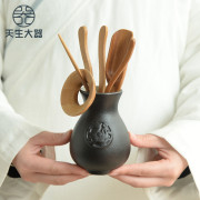 Tự nhiên lớn màu đen gốm mun tre kung fu trà thiết lập trà lễ sáu quý ông thiết lập đơn giản phụ kiện hộ gia đình