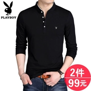 Playboy Mùa Xuân và Mùa Thu Nam Dài Tay Áo T-Shirt Cotton Mỏng Nam Đứng Cổ Áo Slim Trung Niên T-Shirt Áo Sơ Mi