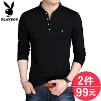 Playboy Mùa Xuân và Mùa Thu Nam Dài Tay Áo T-Shirt Cotton Mỏng Nam Đứng Cổ Áo Slim Trung Niên T-Shirt Áo Sơ Mi áo thun nam