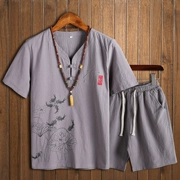 Mùa hè cotton và vải lanh phù hợp với áo thun nam tay ngắn nam cổ chữ V retro phong cách Trung Quốc in T904 - Bộ đồ