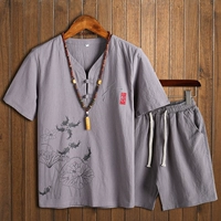 Mùa hè cotton và vải lanh phù hợp với áo thun nam tay ngắn nam cổ chữ V retro phong cách Trung Quốc in T904 - Bộ đồ đồ bộ ống suông