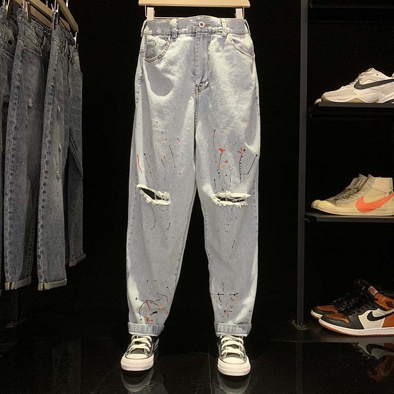 Paint spot and hole jeans, trendy men's cool, Harem pants, youthful loose, beggar pants, straight-leg casual long pants