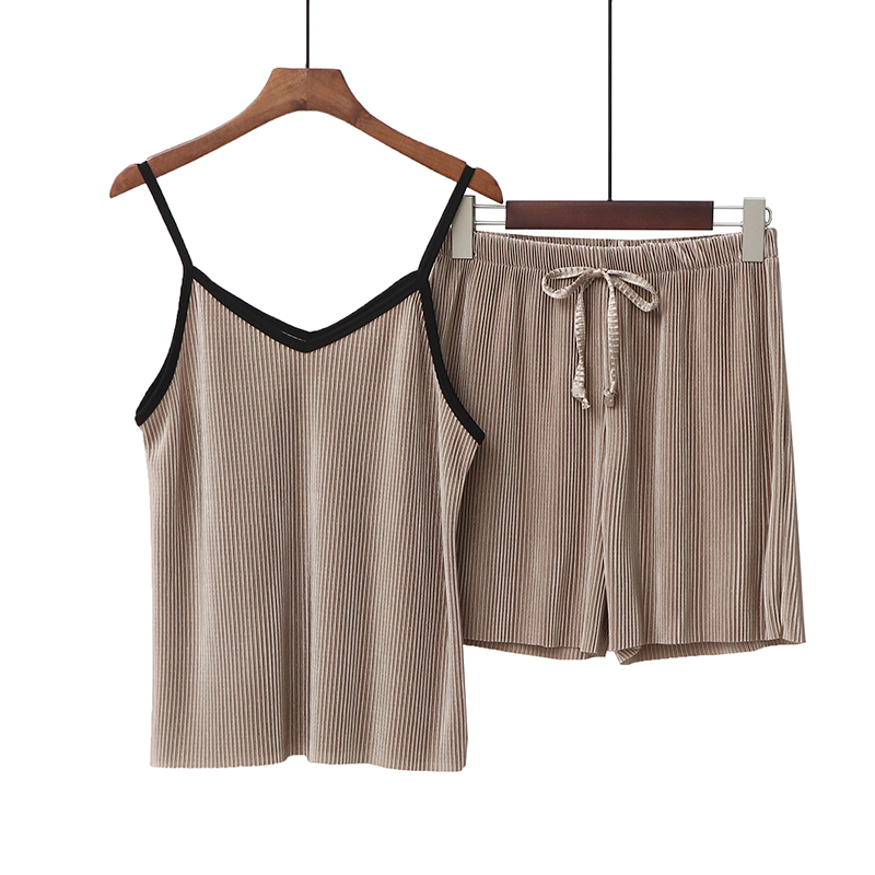 Khaki2020 Spring and summer Ice silk camisole Vest pants leisure wear suit ma'am Self cultivation Show thin pajamas Two piece set tide
